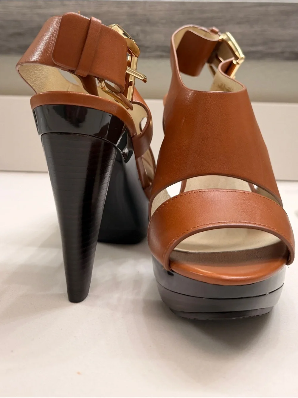 Michael Kors Cognac Leather Platform Open-Toe Heels with Cutouts